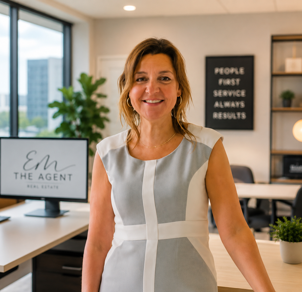 Em Silverness the real estate agent standing in an office.
